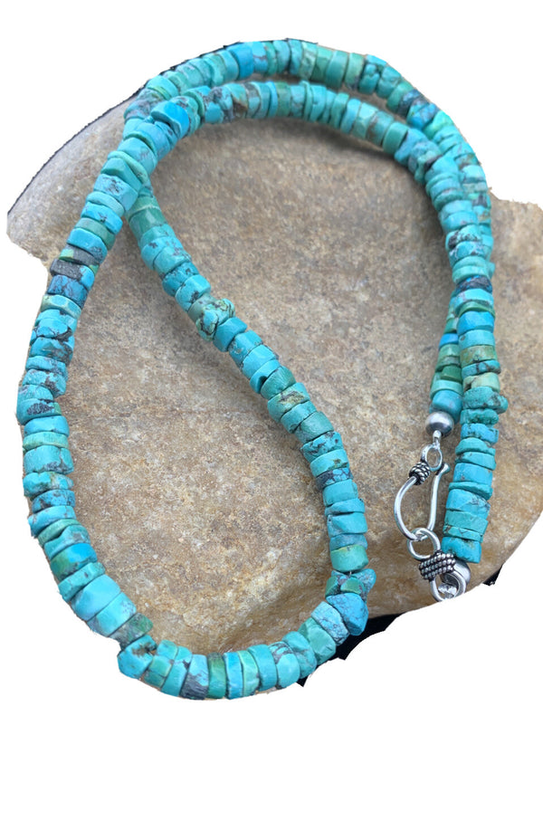 Blue Turquoise 7mm Heishi Bead Necklace 20" | Sterling Silver | Authentic Native American Handmade | 1741