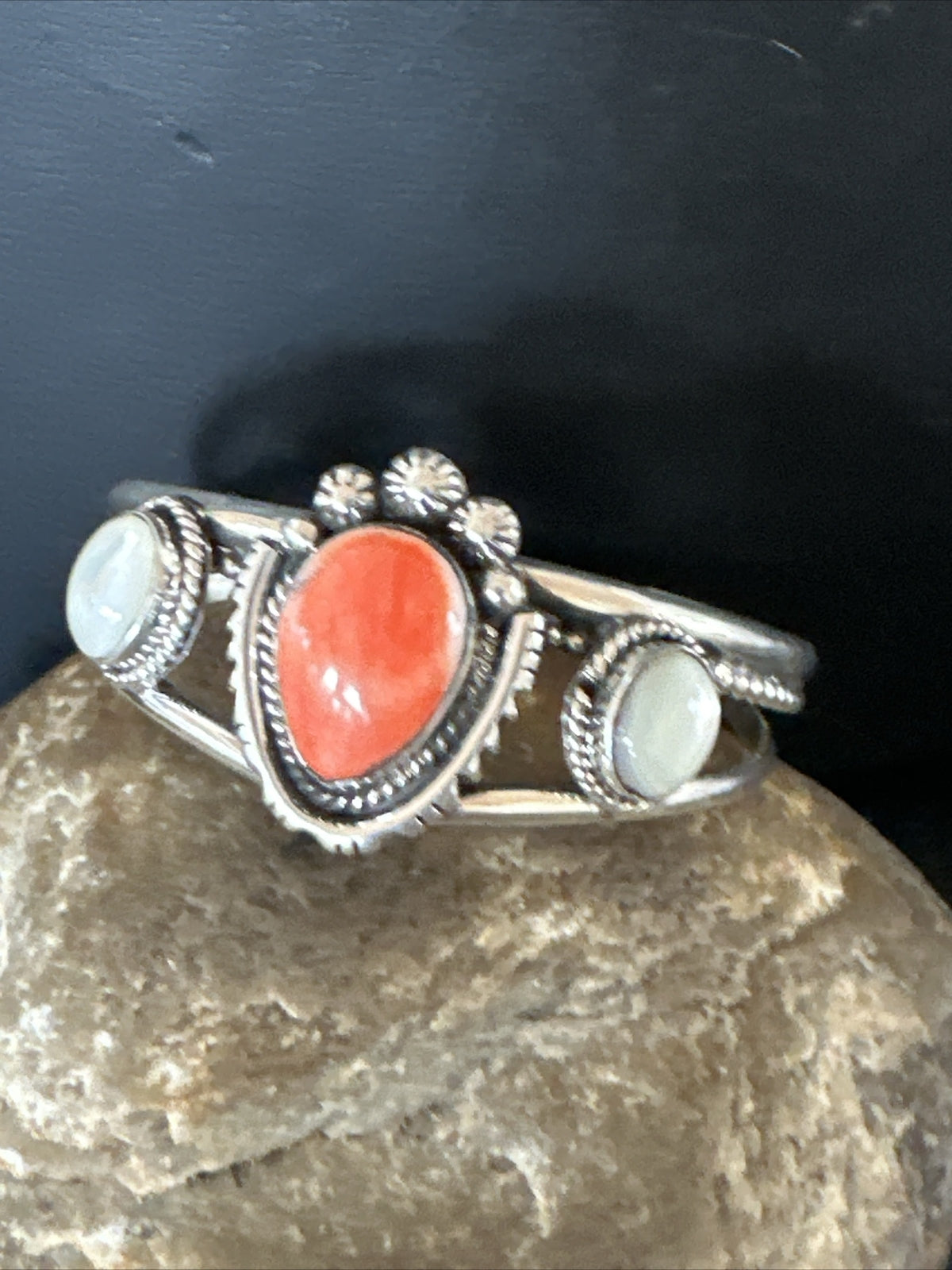 Red Spiny Oyster White MOP Navajo Sterling Silver Cuff Bracelet 17705