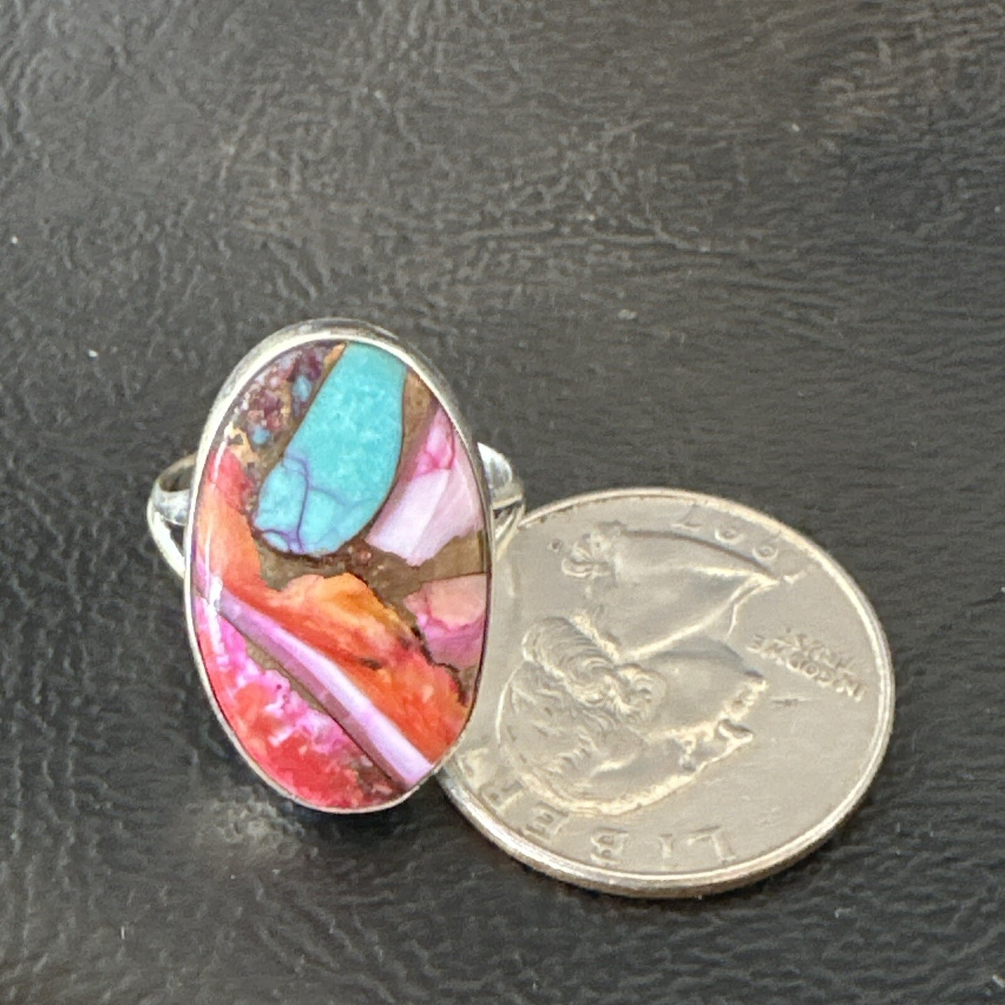Blue Turquoise Spiny Oyster Southwestern Sterling Silver Ring Size 7 18497