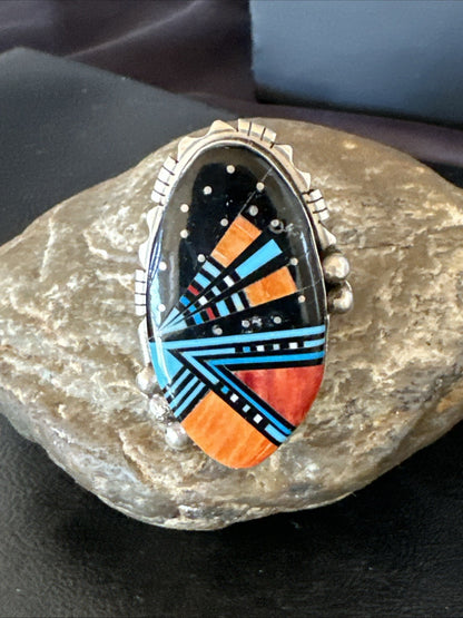 Onyx Turquoise Spiny Navajo Cosmic Inlay Sterling Silver Ring Size 10 19783