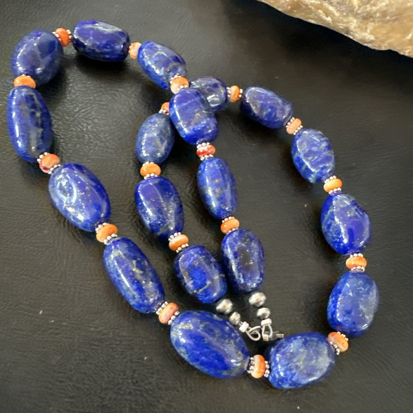 Blue Lapis Orange Spiny Chunky Southwestern Sterling Silver Necklace 20” 19258