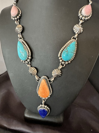 Multicolor Spiny Lapis Pendant Navajo Sterling Silver Lariat Necklace 28" 19439