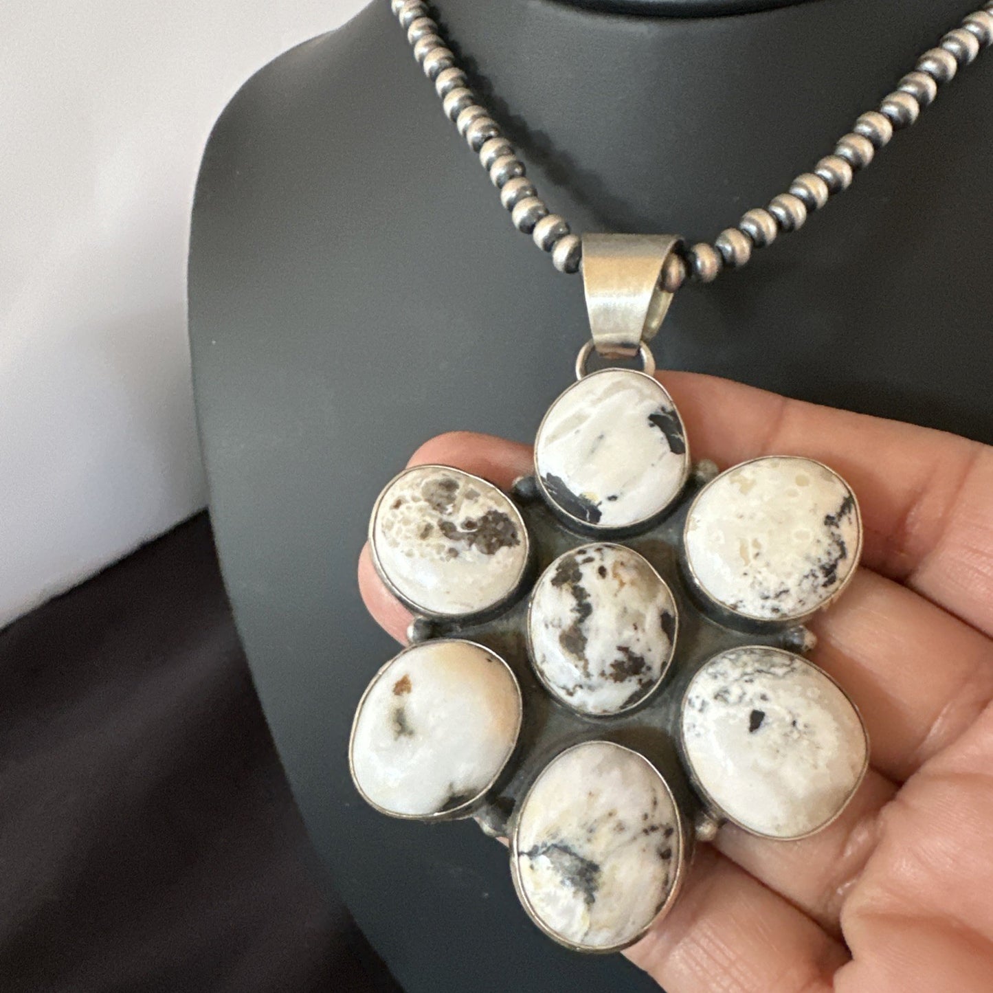White Buffalo Turquoise Cluster Pendant Navajo Sterling Silver Necklace 19270