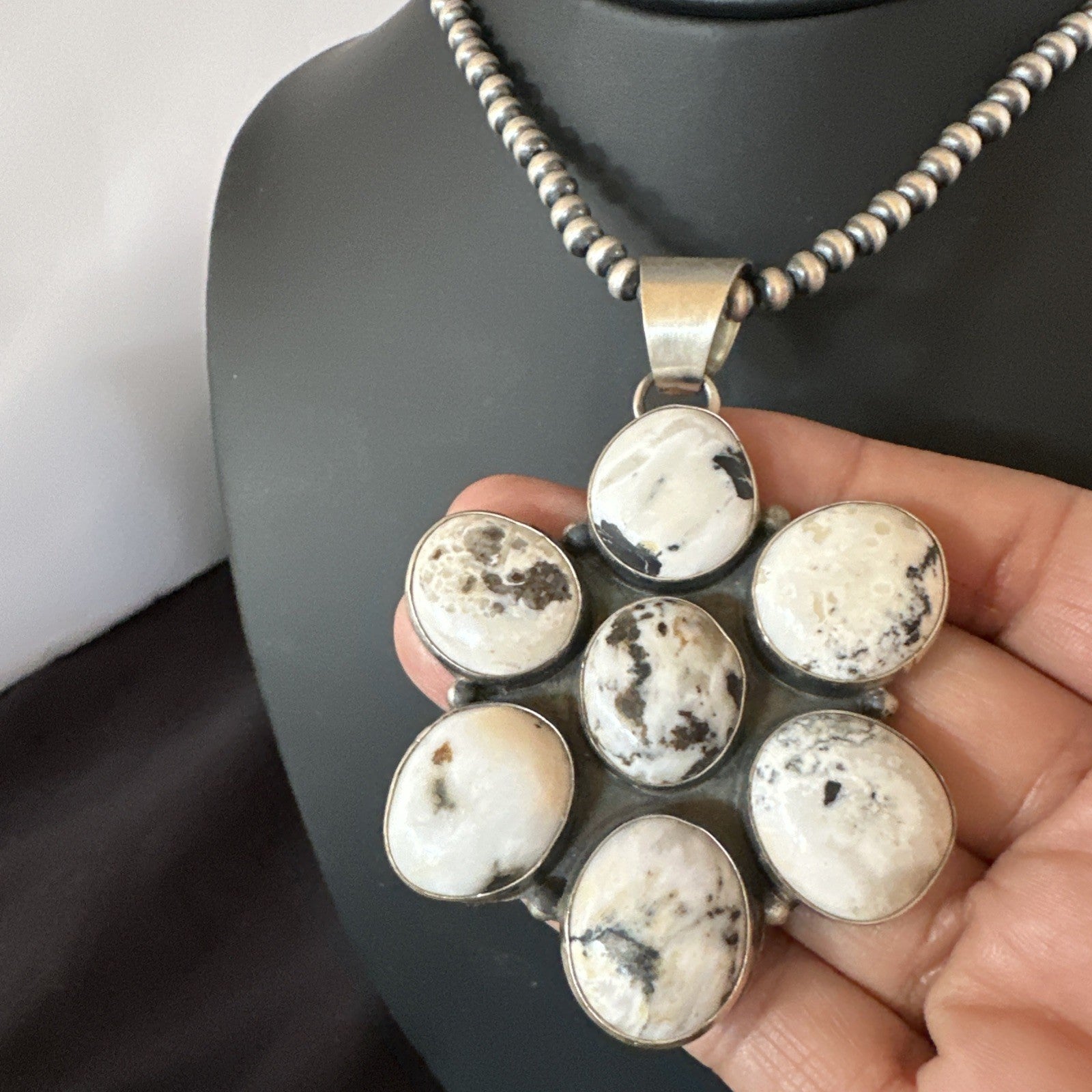 White Buffalo Turquoise Cluster Pendant Navajo Sterling Silver Necklace 19270