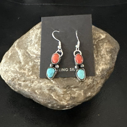 Handmade Blue Turquoise Red Coral Sterling Silver Navajo Dangle Earrings 18846