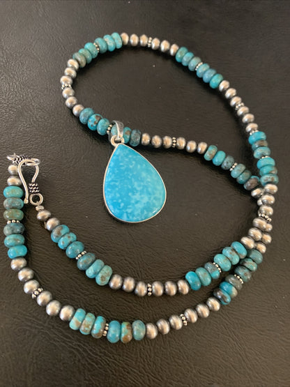 Womens Blue Kingman Turquoise Sterling Silver Beads Necklace Pendant 11692