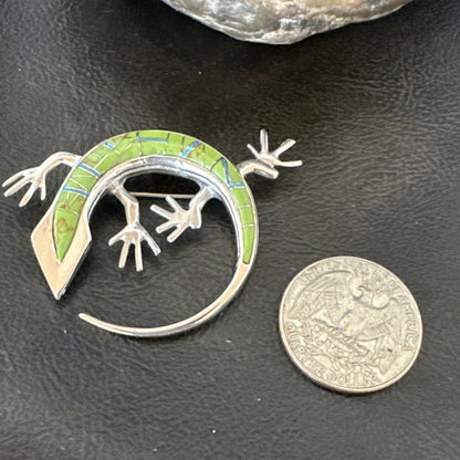 Green Gaspeite Opal Navajo Gecko Sterling Silver Inlay Lizard Pin Pendant 18598