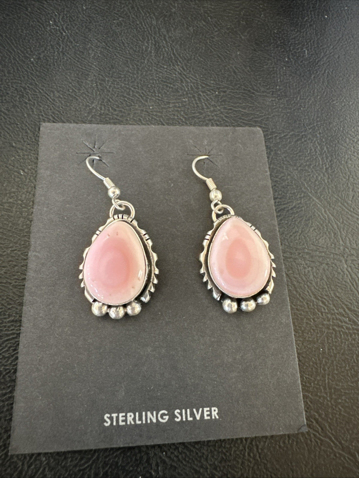 Yazzie Pink Queen Conch Navajo Sterling Silver Dangle Earrings 19324