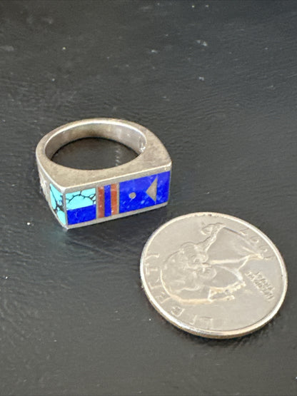 Mens Inlay Navajo Sterling Silver Lapis Blue Spiderweb Turquoise Ring Sz 8 15915