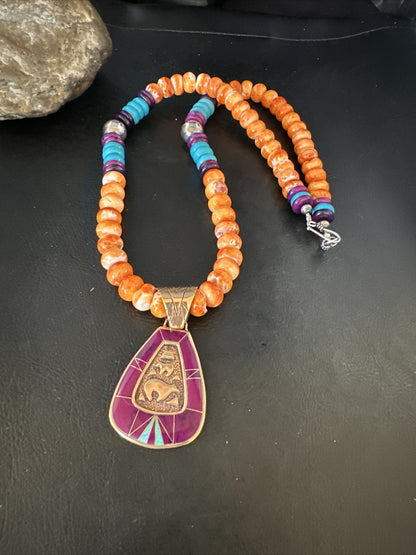 Turquoise Purple Ston Spiny Bronze Pendant Navajo Sterling Silver Necklace 14990