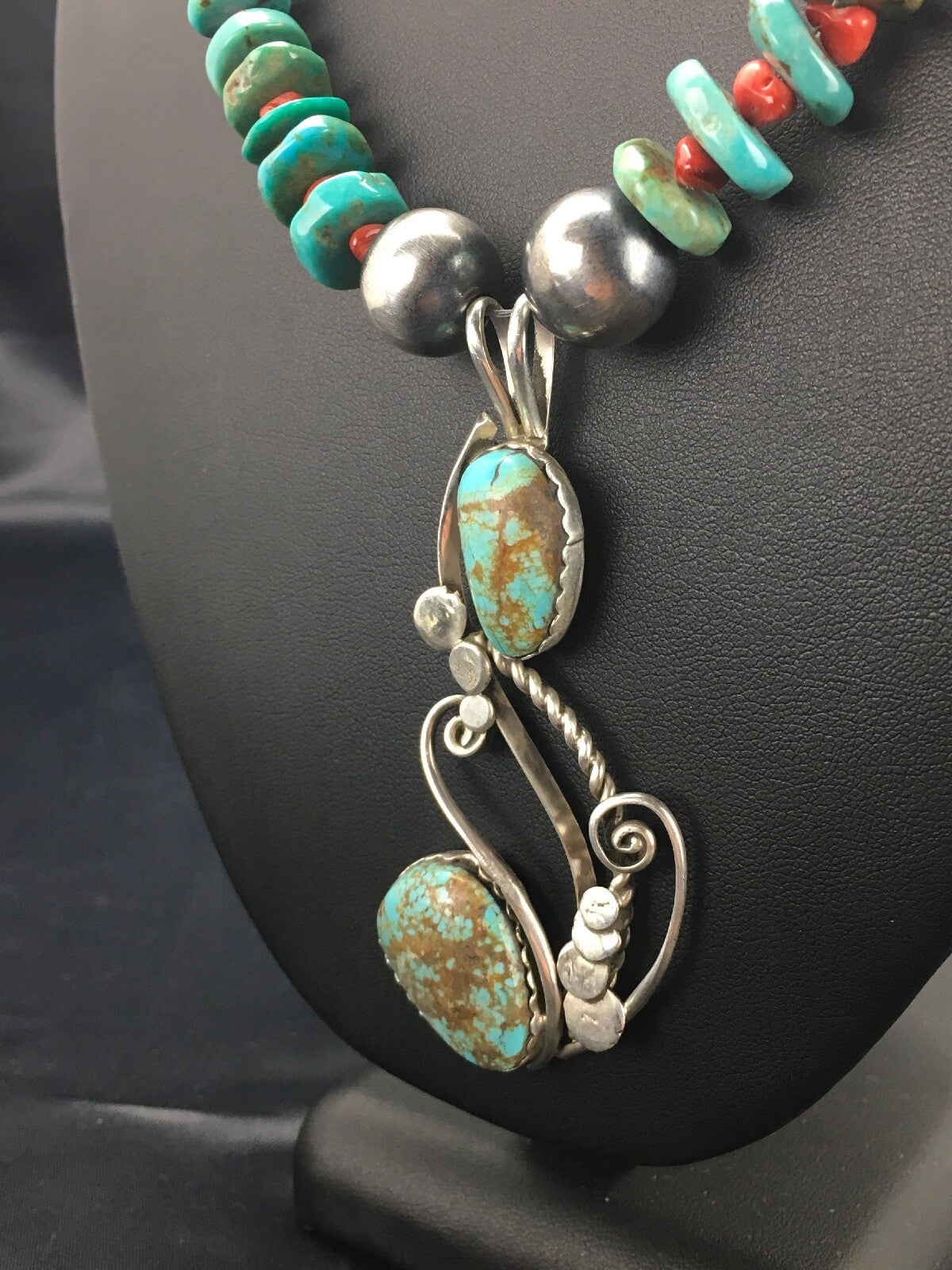 Turquoise #8 & Spiny Oyster Pendant Navajo Sterling Silver Necklace 22" 02635