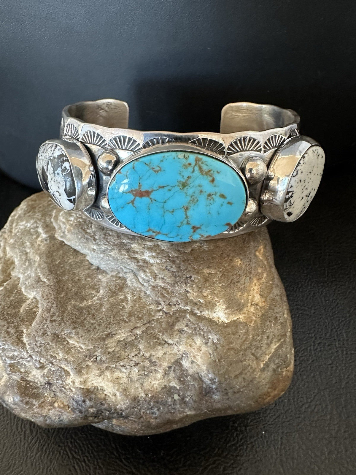 Men White Buffalo Blue Turquoise Navajo Sterling Silver Cuff Bracelet 7.3" 19429