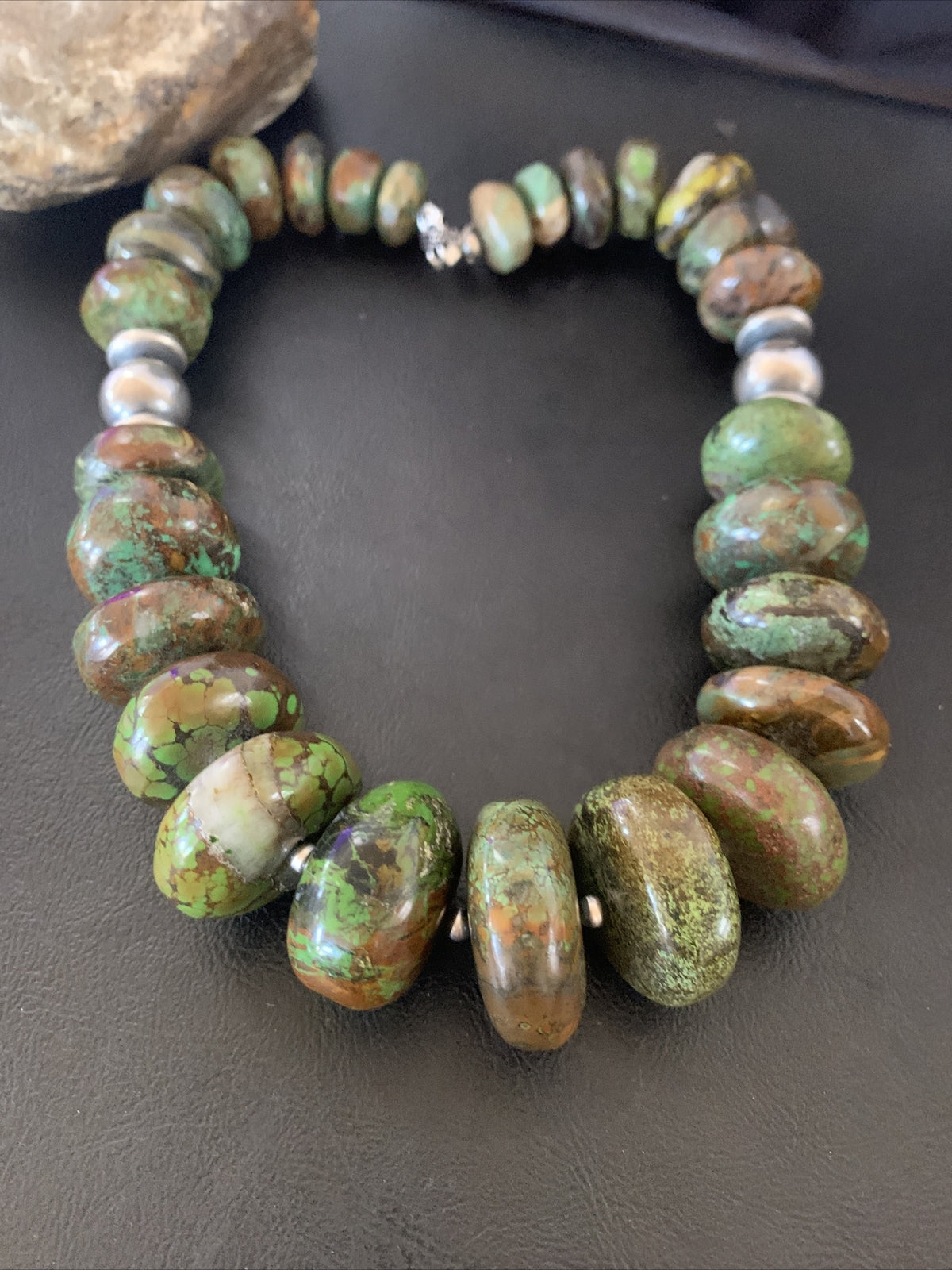 Green Natural Turquoise Chunky Graduated Navajo Sterling Silver Necklace 11765