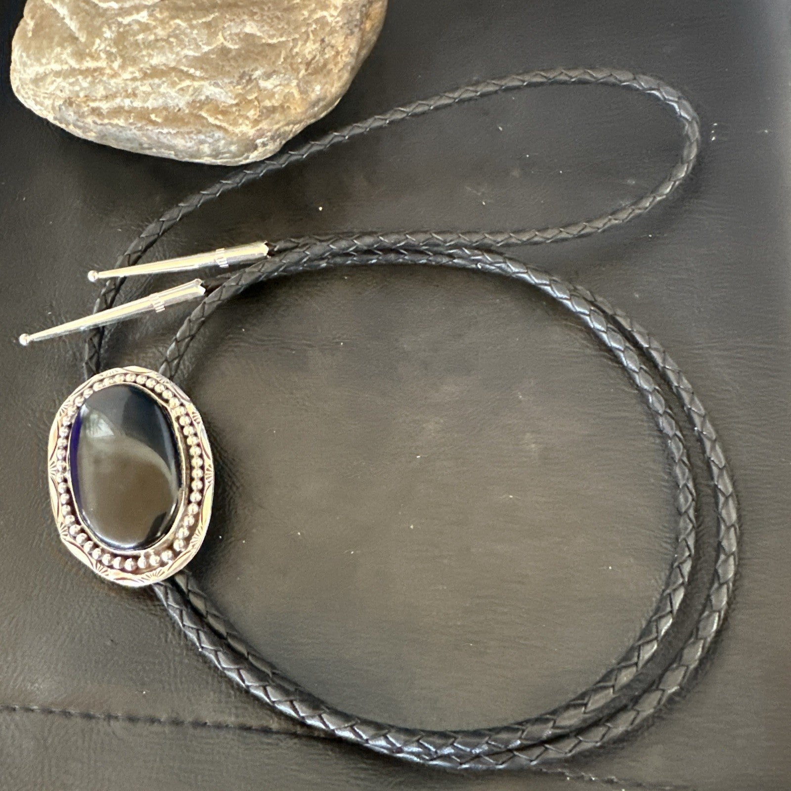 Mens Black Onyx Navajo Sterling Silver Bolo Tie 19053