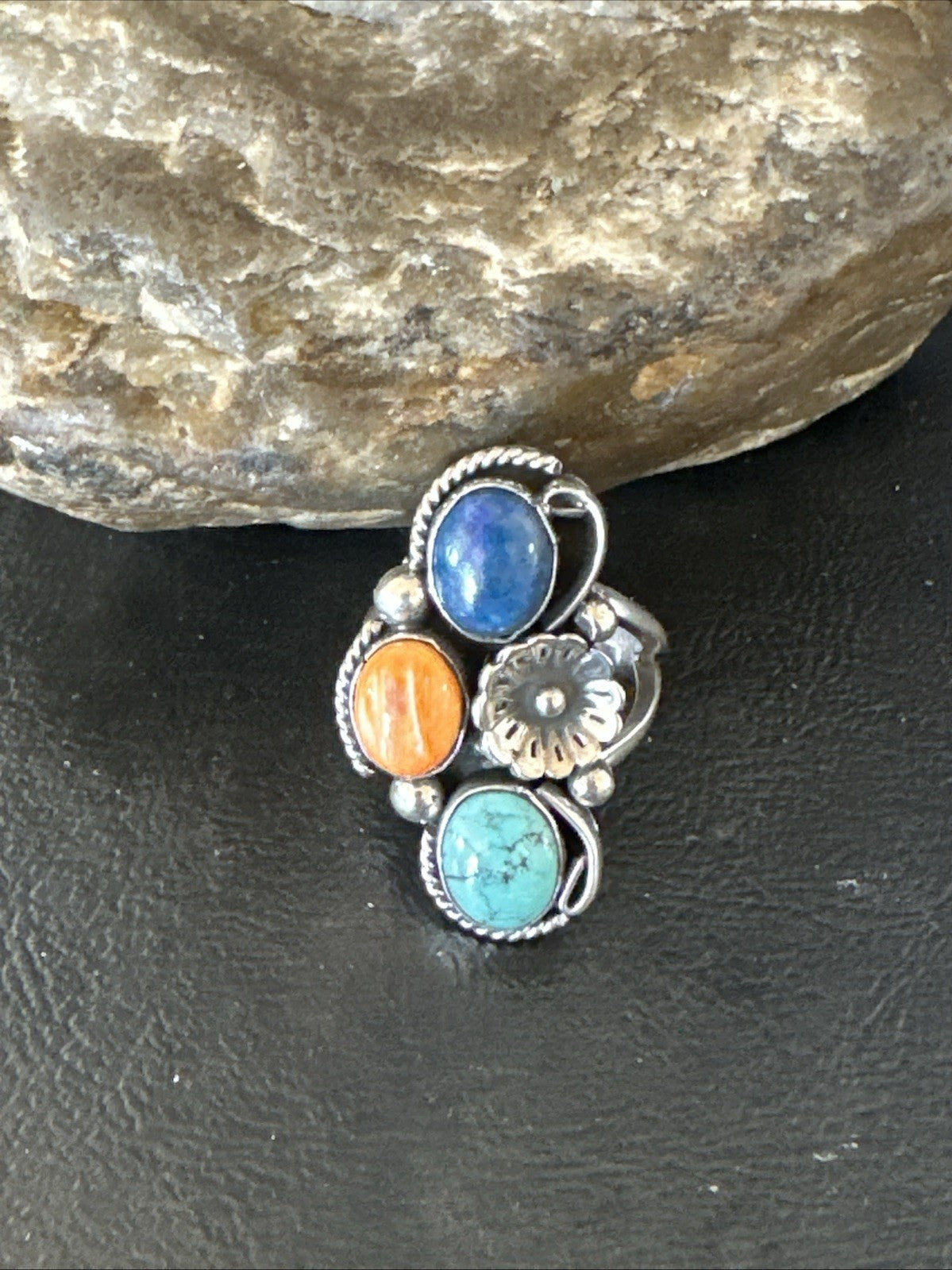 Multicolor Ring Turquoise Spiny Navajo Sterling Silver Cluster Size 8 19186