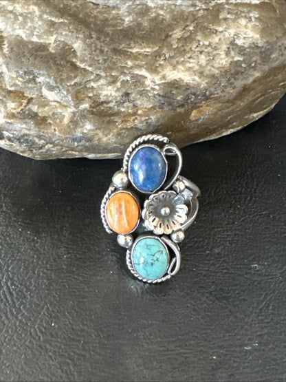 Multicolor Ring Turquoise Spiny Navajo Sterling Silver Cluster Size 8 19186