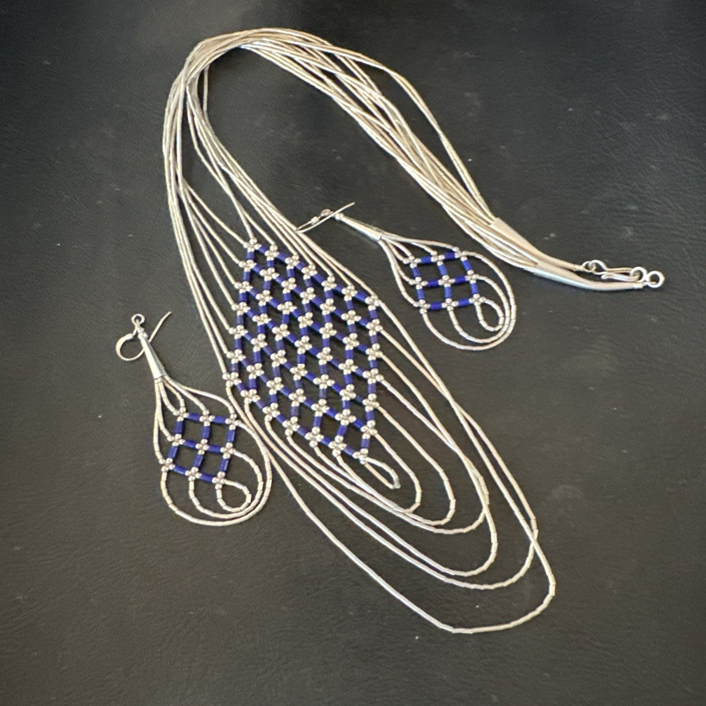 Lapis Heishi Tubes Pendant 7 Strand Sterling Silver Necklace Earrings 19753