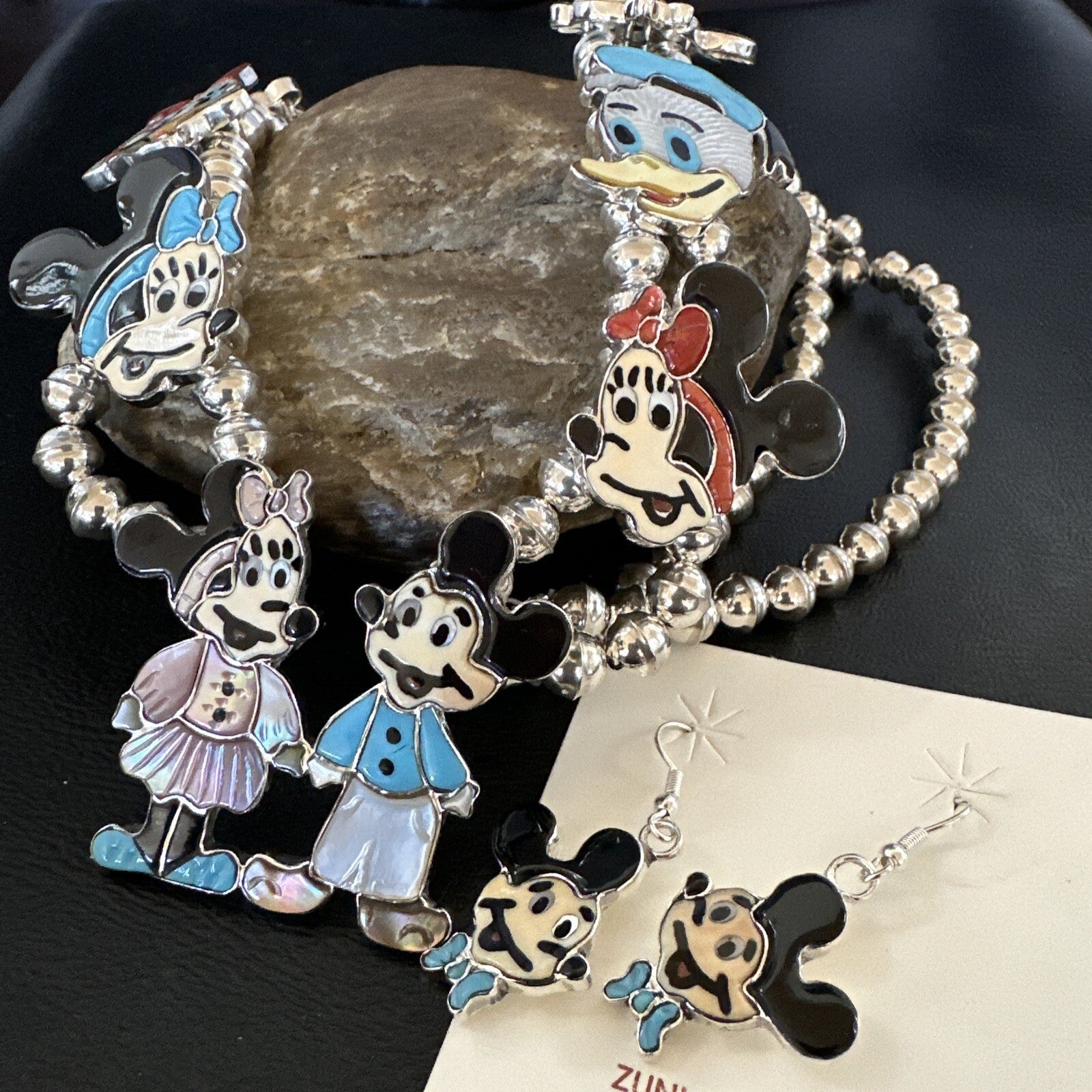 MICKEY MOUSE ZUNI TURQUOISE STERLING SILVER SQUASH BLOSSOM EARRINGS 17784