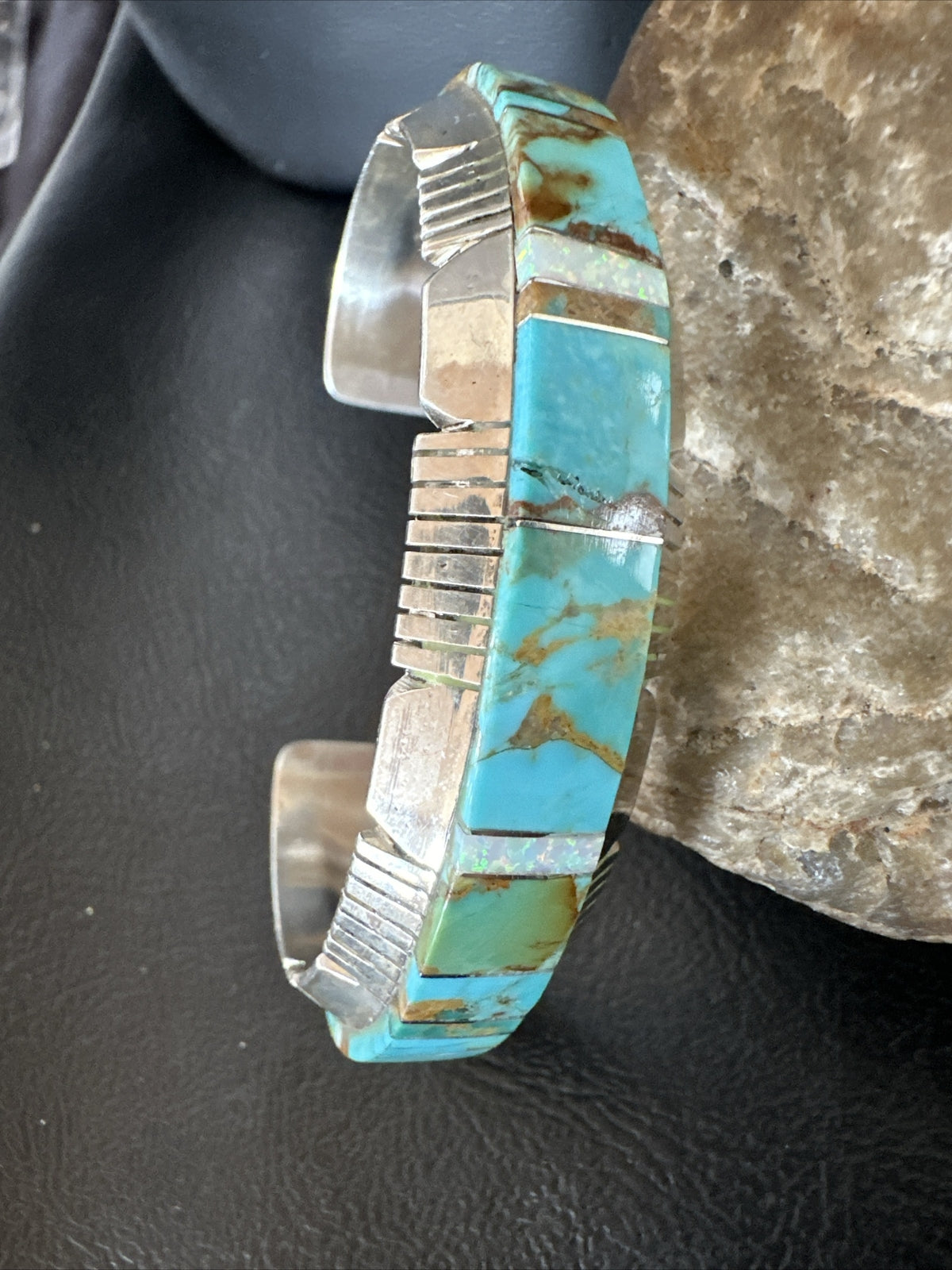 Blue Turquoise Opal Navajo Sterling Silver Cuff Inlay Bracelet 17958