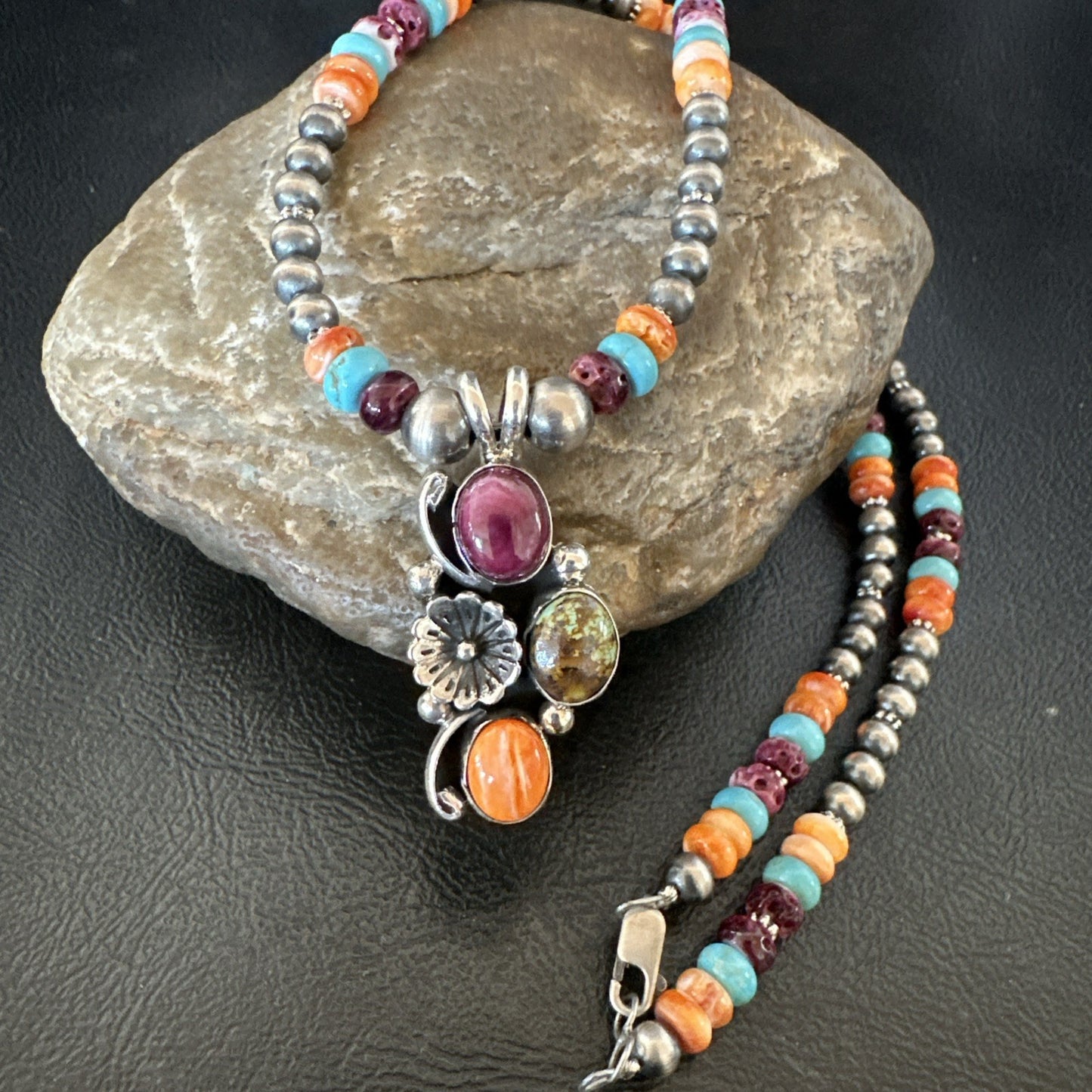 Multicolor Turquoise Spiny Navajo Sterling Silver Cluster Pendant Necklace 19640