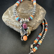Multicolor Turquoise Spiny Navajo Cluster Pendant Necklace | Sterling Silver | Authentic Native American Handmade | 19640
