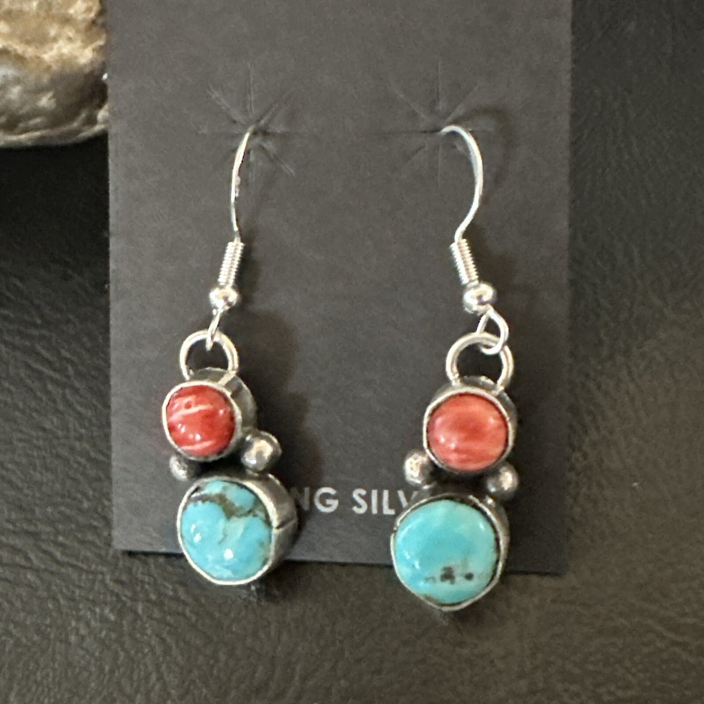 Handmade Blue Turquoise Red Coral Sterling Silver Navajo Dangle Earrings 18845