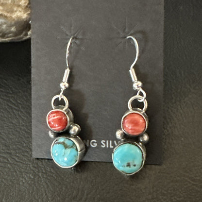 Handmade Blue Turquoise Red Coral Sterling Silver Navajo Dangle Earrings 18845