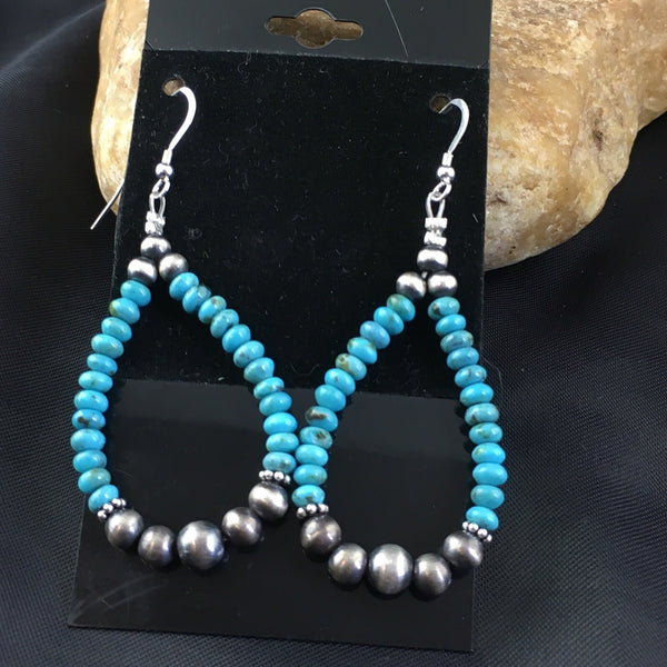 Blue Turquoise Bead Beads Navajo Earrings 1.75" | Sterling Silver | Authentic Native American Handmade | 1971