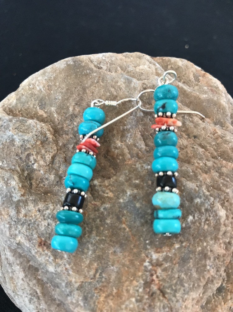 Blue Turquoise Red Spiny Oyster Sterling Silver Navajo Earrings