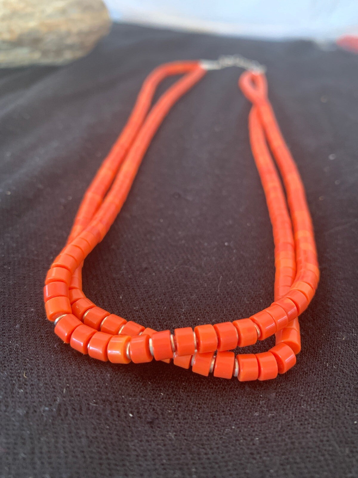 Apple Coral Tube Heishi Bead 2 Strand Navajo Sterling Silver Necklace 4700