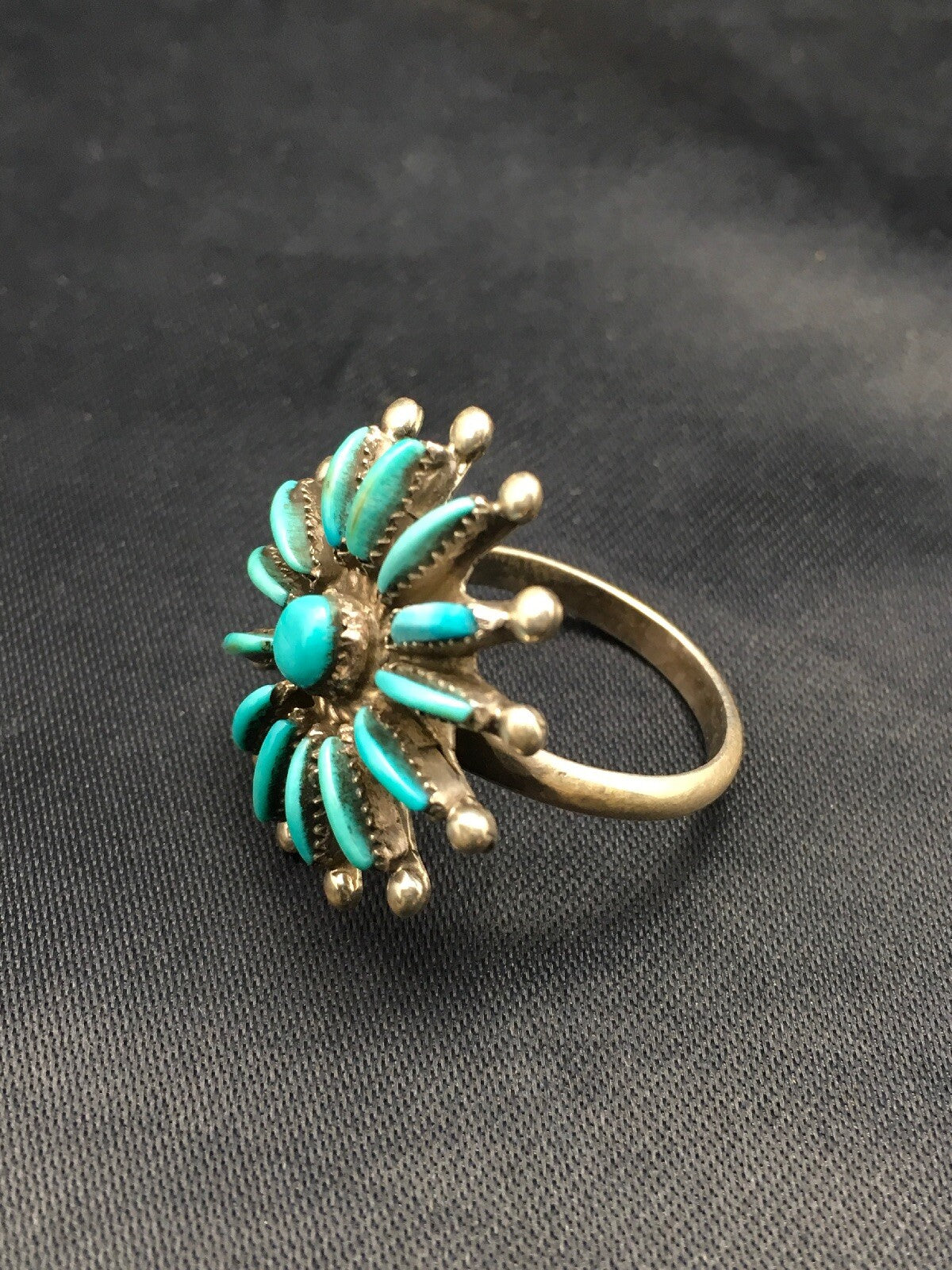 Blue Turquoise Needle Point Cluster Zuni Sterling Silver Ring Sz 7.25 4035