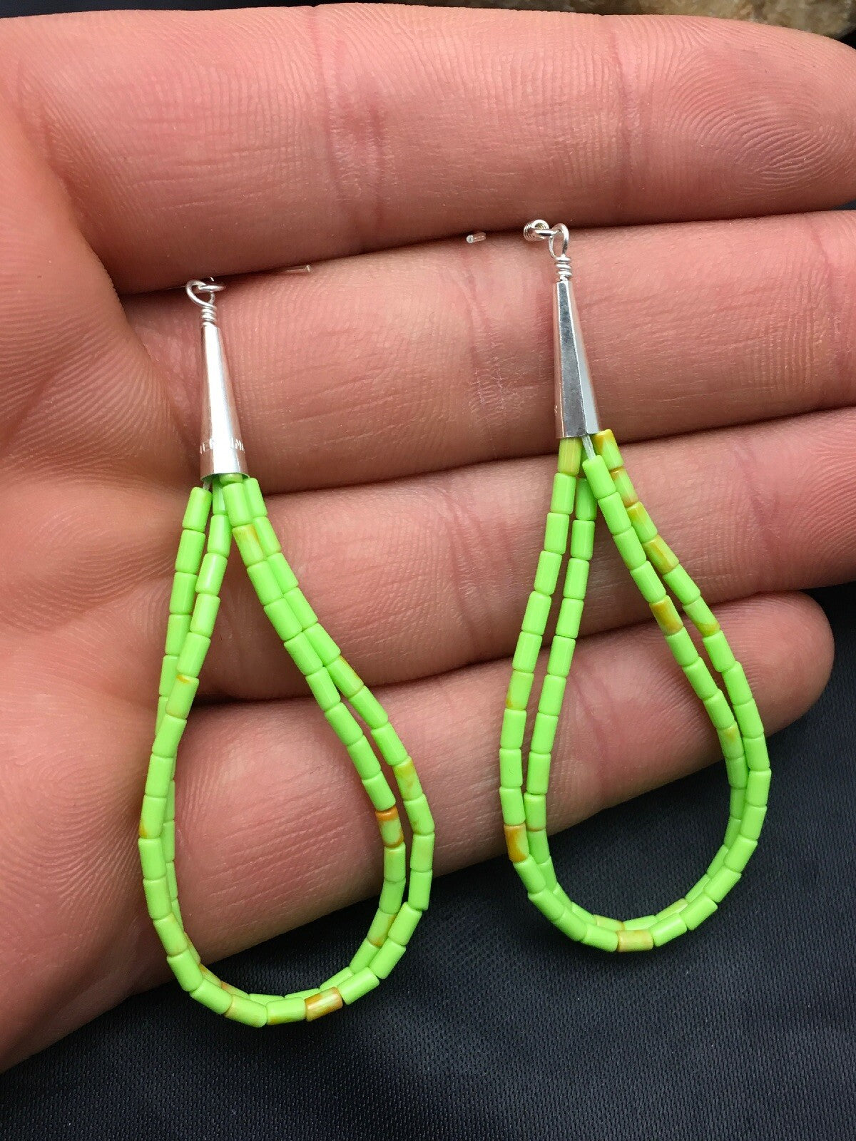 Gift Liquid Silver Heishi Dangle Green Gaspeite Sterling 2S Earrings 2.5” 4370