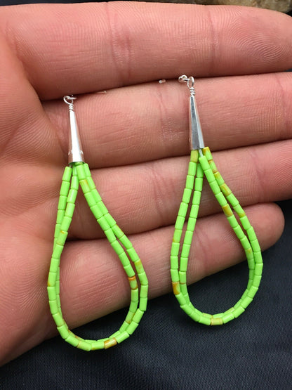 Gift Liquid Silver Heishi Dangle Green Gaspeite Sterling 2S Earrings 2.5” 4370