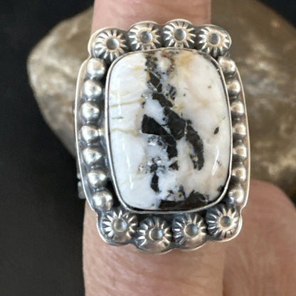 White Buffalo Turquoise Navajo Sterling Silver Ring Size 8 18777