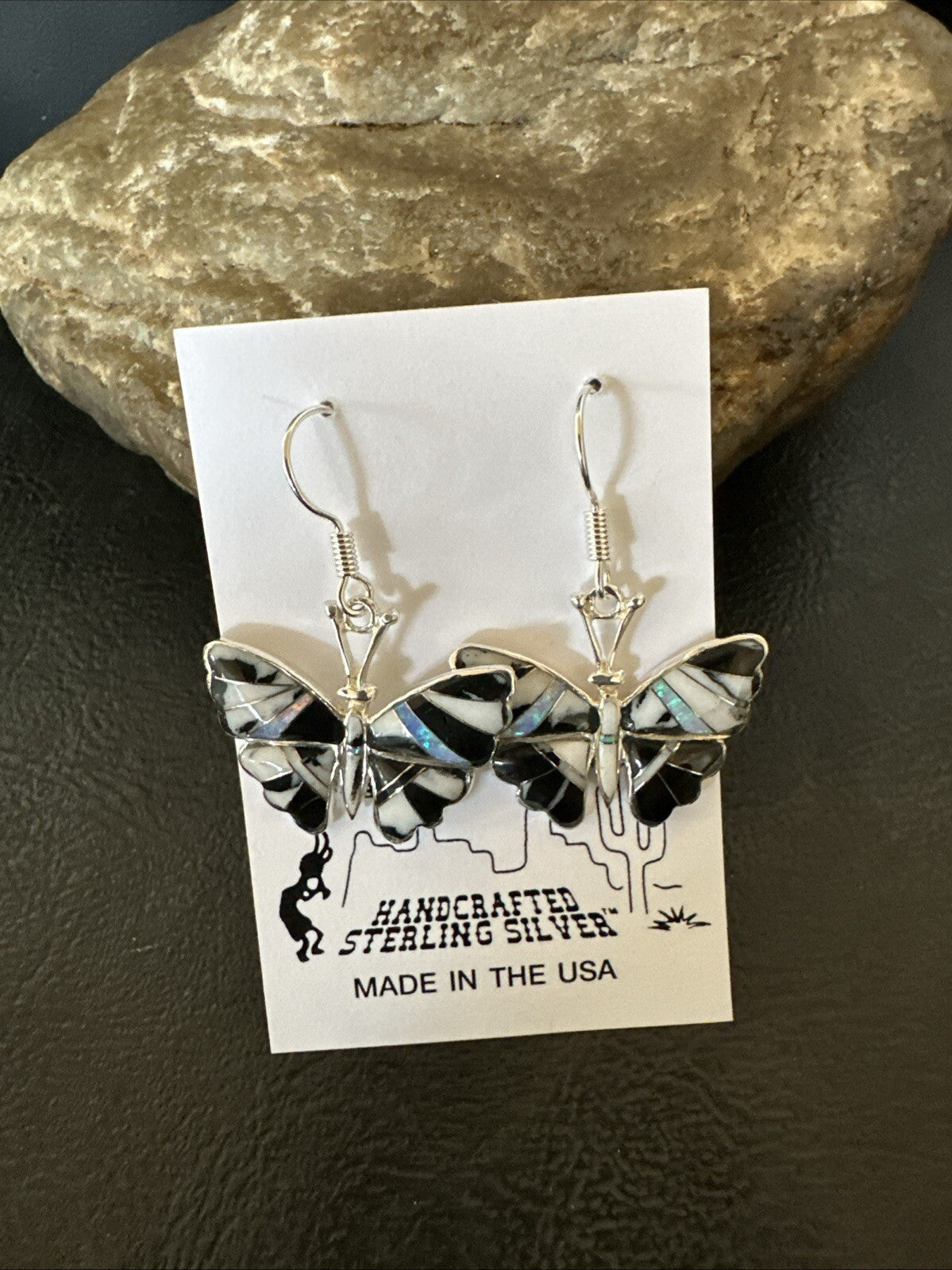 White Buffalo Turquoise Opal Onyx Sterling Silver ButterFly Earrings 18553