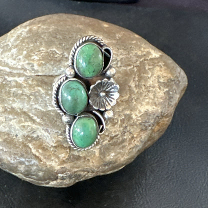 Yazzie Ring Green Turquoise Navajo Sterling Silver Cluster Size 7 19244