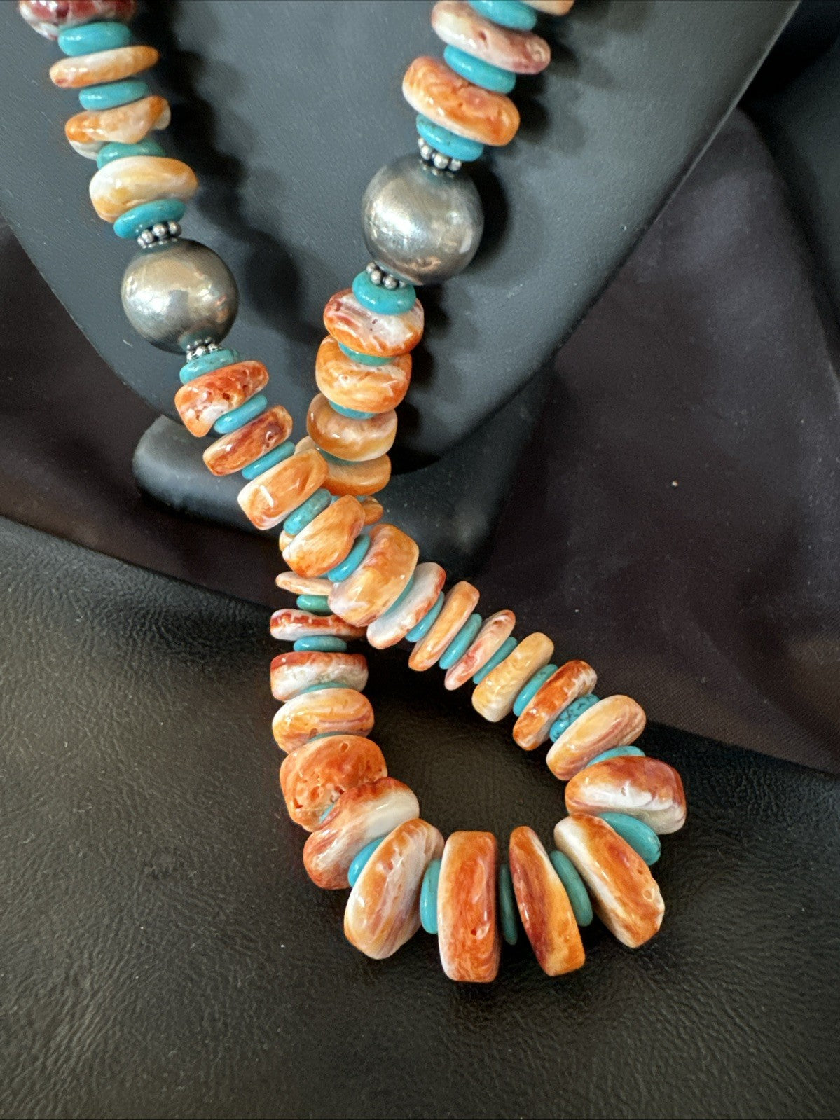 30" Spiny Oyster Turquoise Graduated Navajo Pearl Sterling Silver Necklace 19419