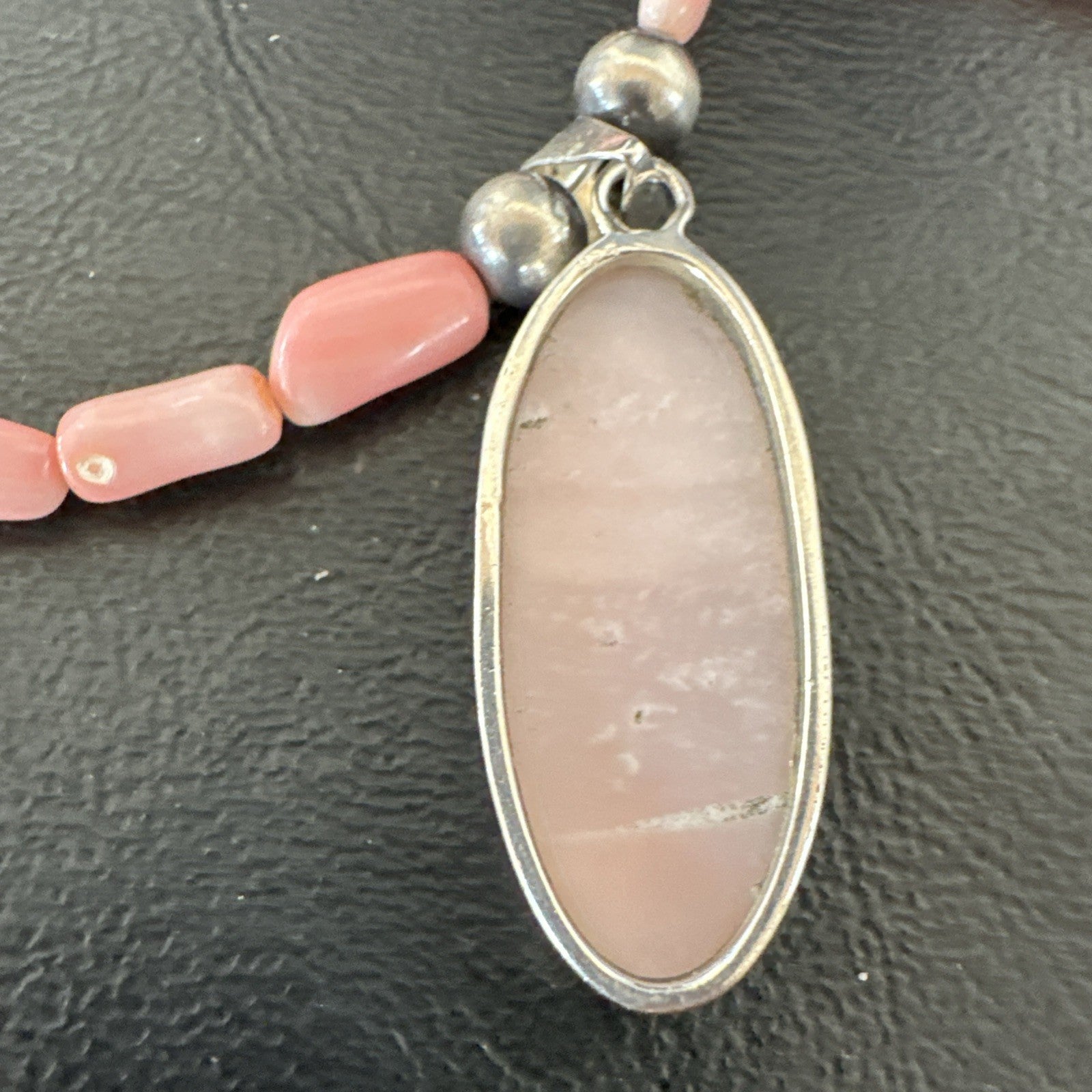 Southwestern Sterling Silver Pink Coral Bead Necklace Quartz Pendant 24" 19585