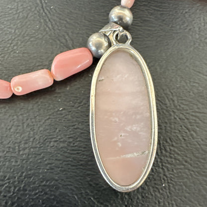 Southwestern Sterling Silver Pink Coral Bead Necklace Quartz Pendant 24" 19585