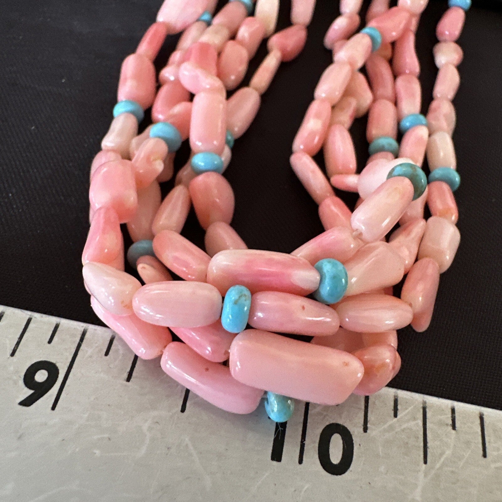 Navajo Blue Turquoise Pink Coral Sterling Silver 5 Strand Necklace 20” 17840