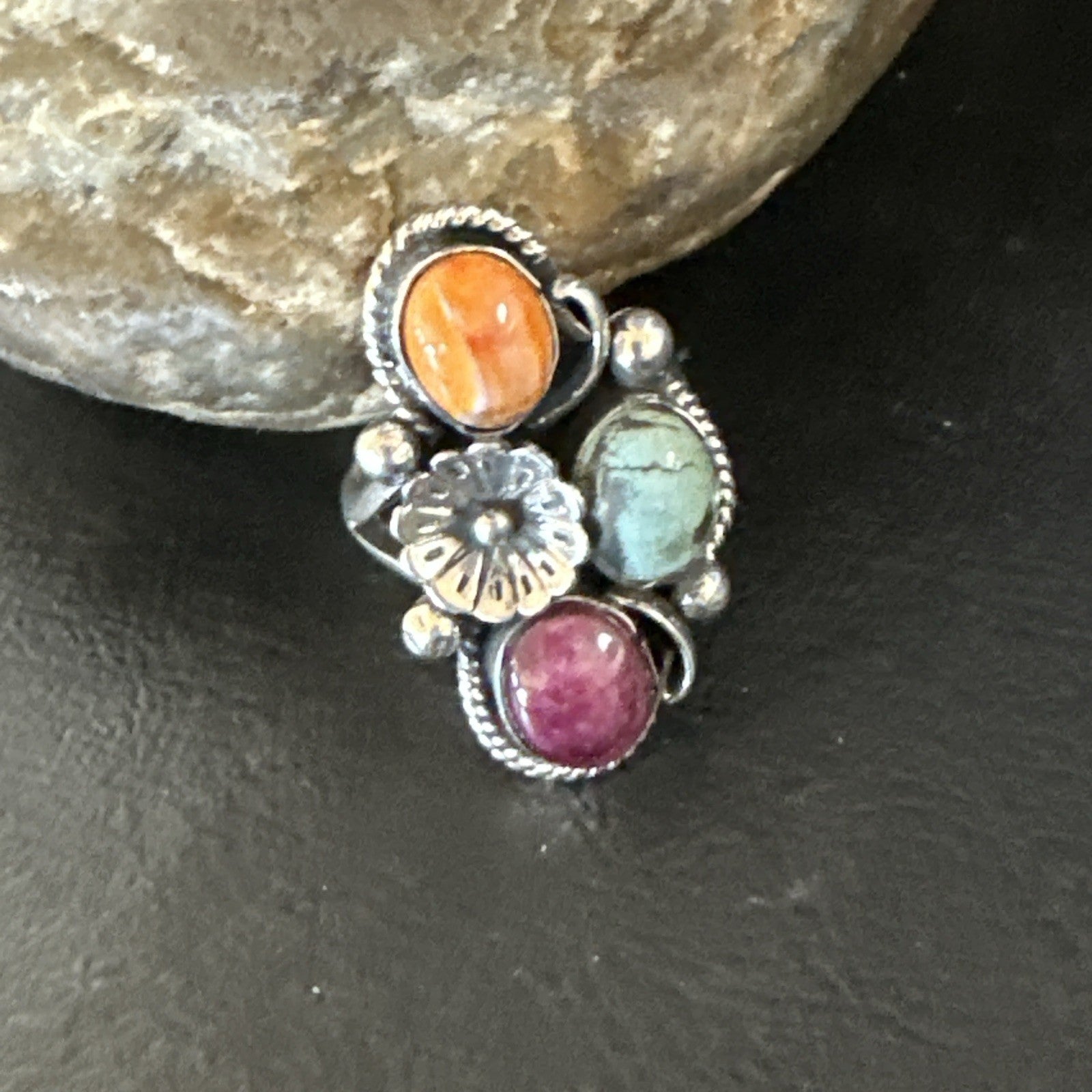 Multicolor Ring Turquoise Spiny Navajo Sterling Silver Cluster Size 8 19171