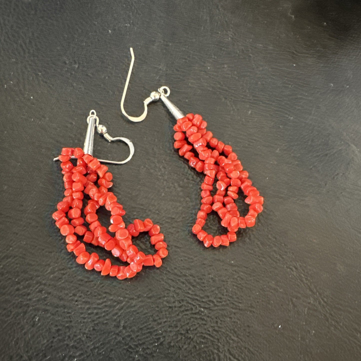 Native Red Real Coral Nugget Sterling Silver Dangle 2 Strand Earrings 2" 19347