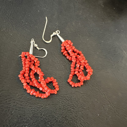 Native Red Real Coral Nugget Sterling Silver Dangle 2 Strand Earrings 2" 19347