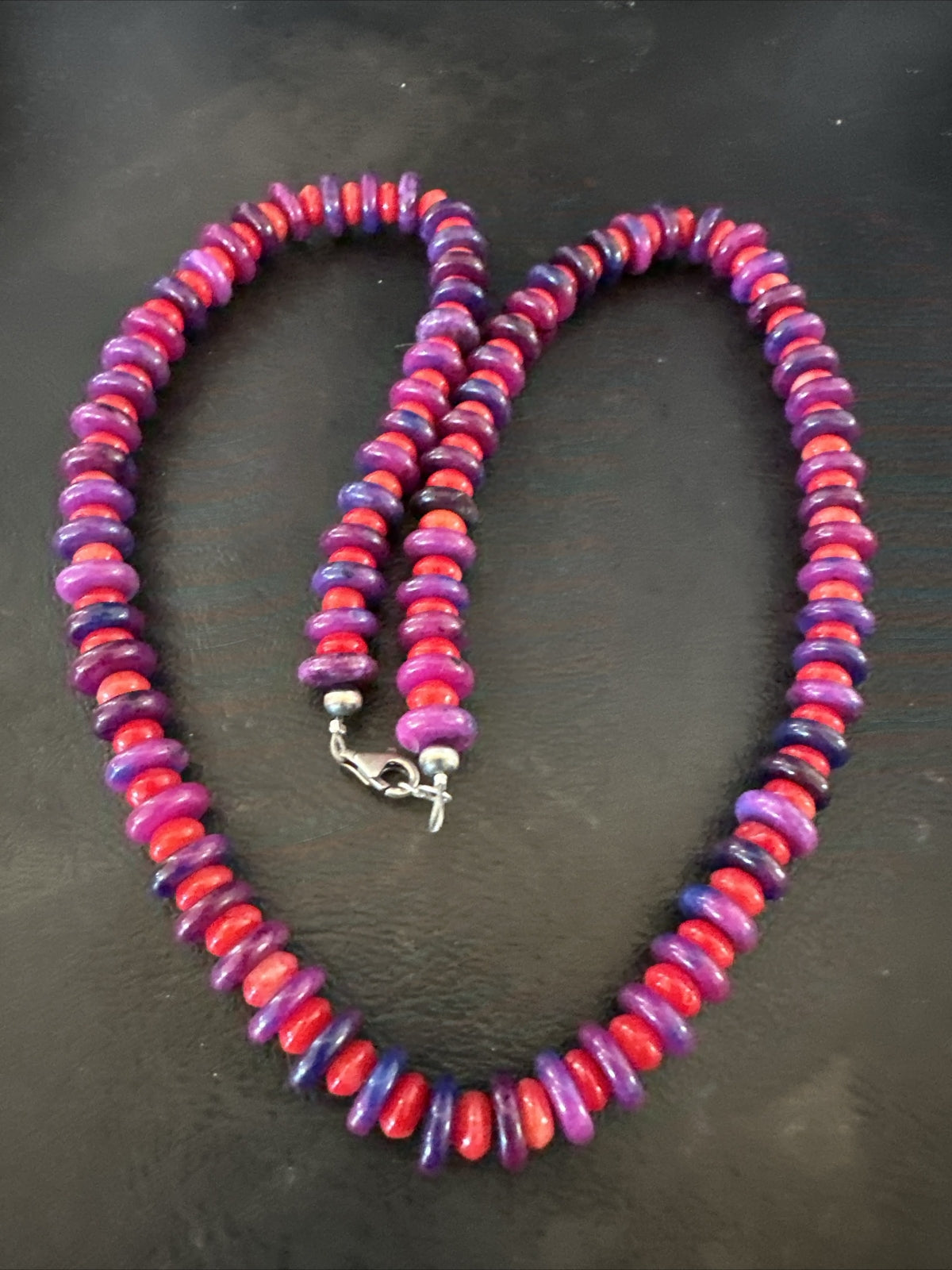 10mm  Purple Stone Red Coral Bead Navajo Sterling Silver Necklace 23” 17832