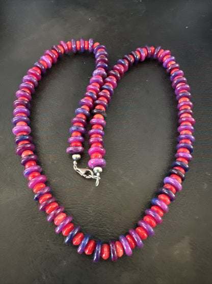 10mm  Purple Stone Red Coral Bead Navajo Sterling Silver Necklace 23” 17832