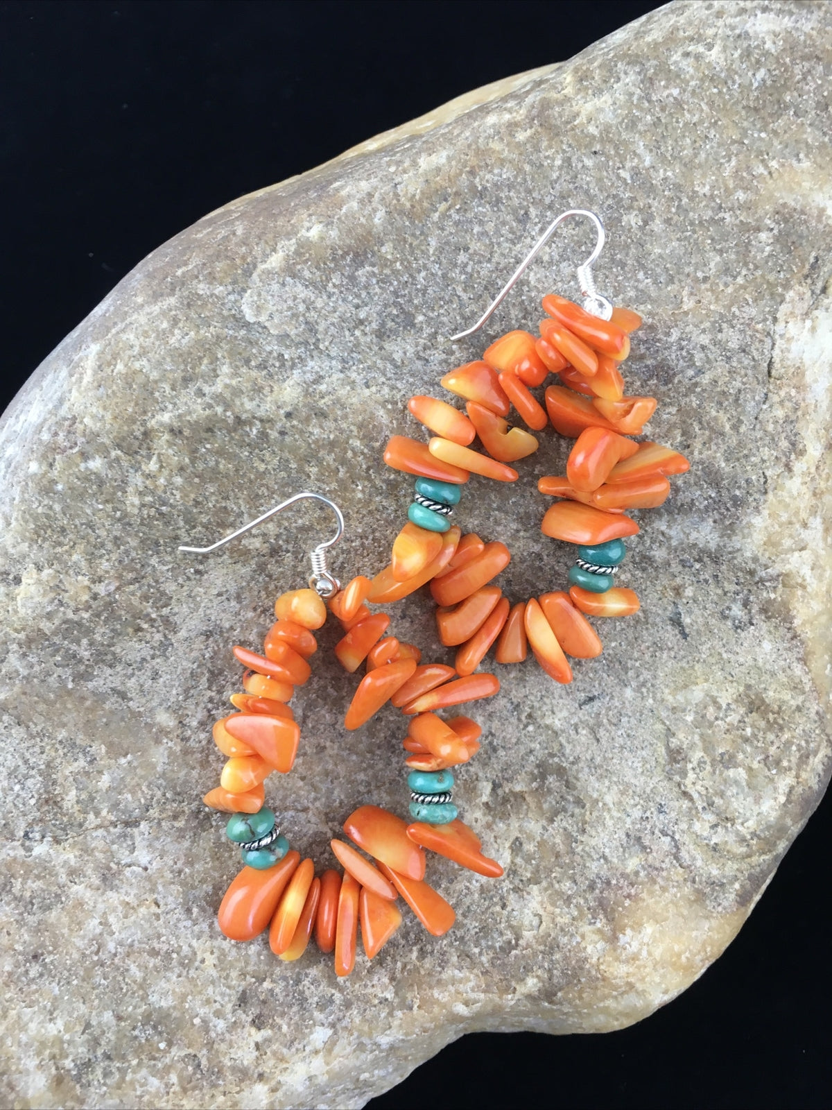 Orange Coral & Turquoise Navajo Sterling Silver Earrings 01776