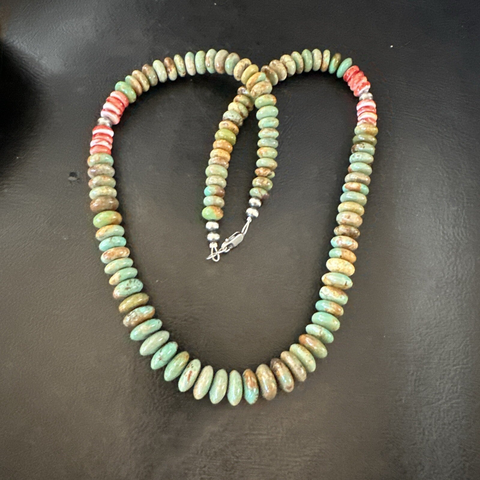 Green Turquoise Red Spiny Oyster Navajo Sterling Silver Necklace 22" 18361