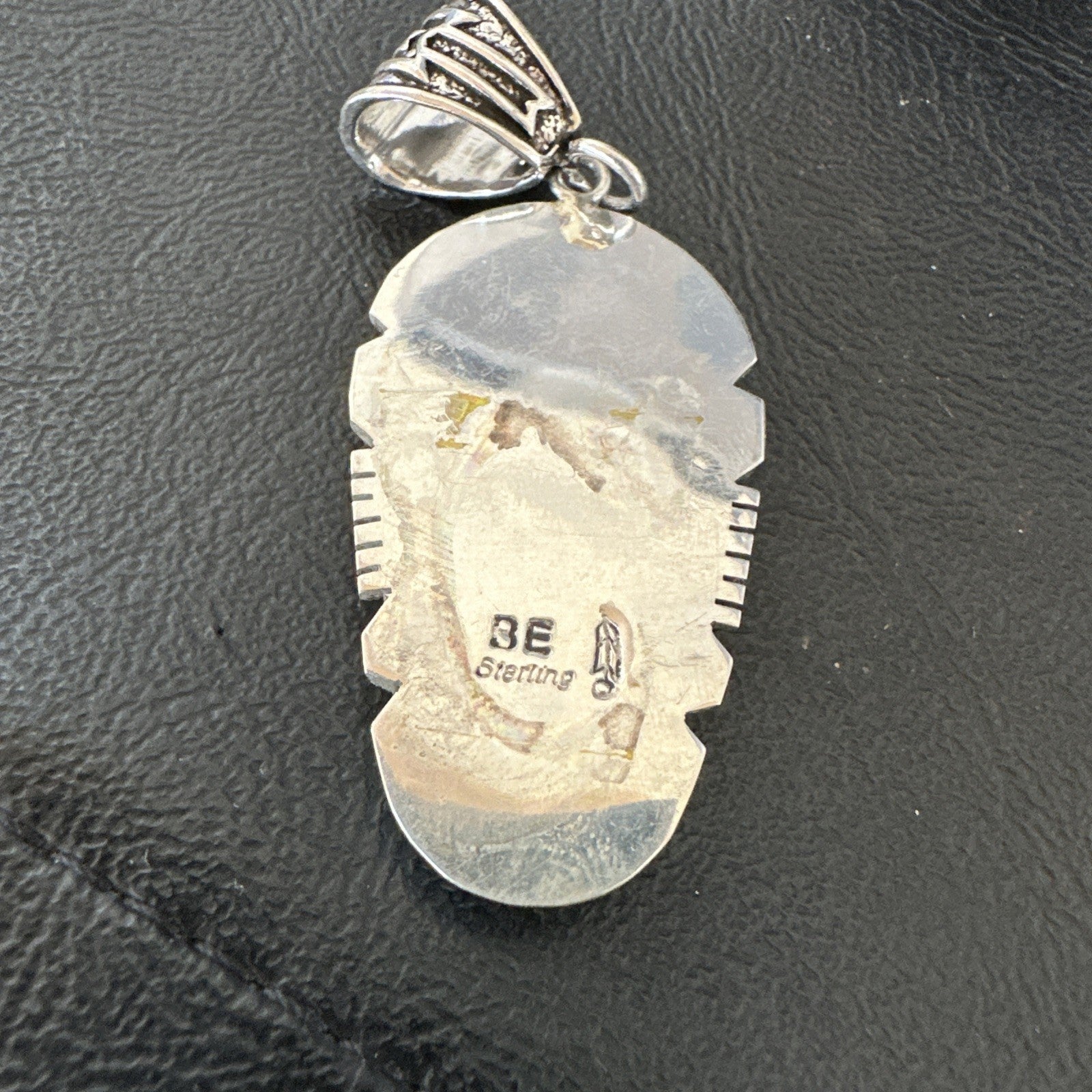 Navajo B E Inlay 925 Sterling Silver Turquoise Pendant Cobblestone 2.5" 19399