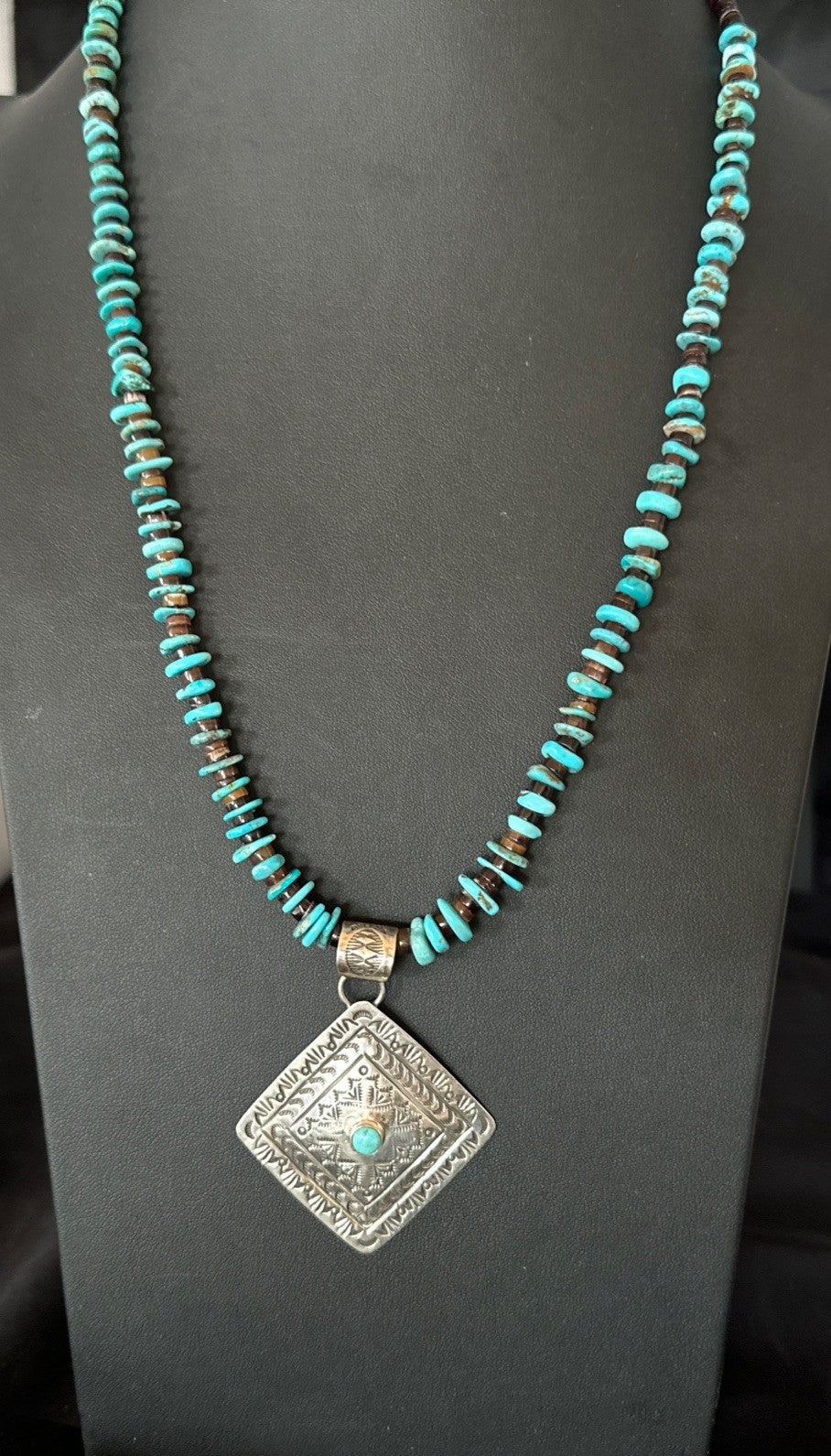 Navajo Blue Turquoise Stamped Pendant Shell Sterling Silver 25” Necklace 19709