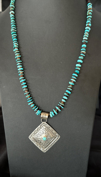 Navajo Blue Turquoise Stamped Pendant Shell Sterling Silver 25” Necklace 19709